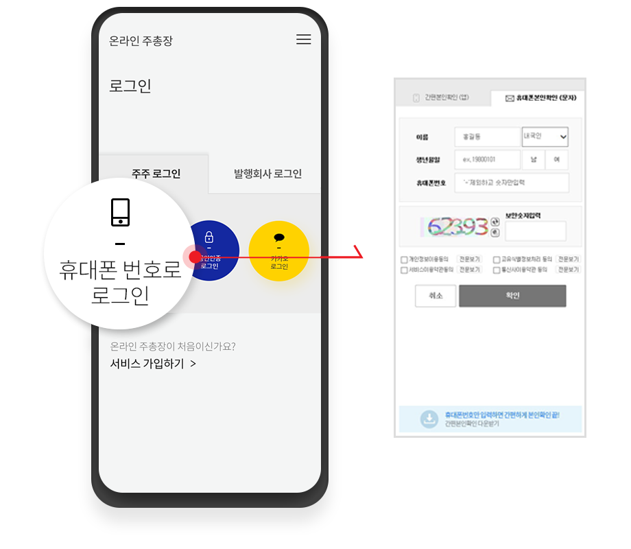 휴대전화 인증 화면